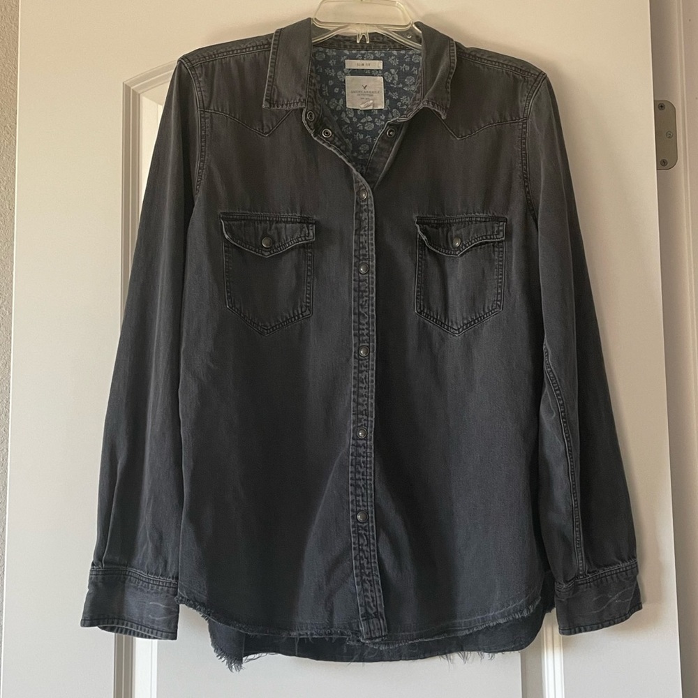 American Eagle Outfitters Y2K Distressed Dark Gray Jean Jacket
